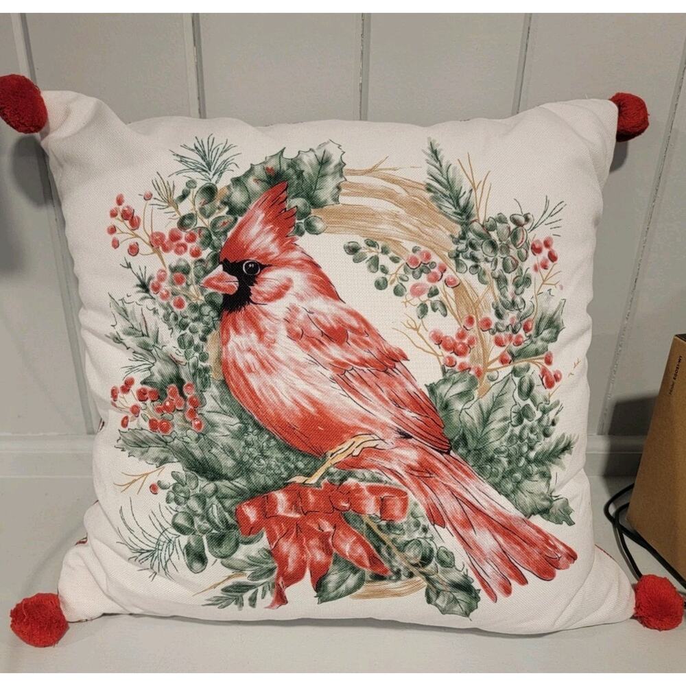 Cardinal Red Bird Decorative Throw Pillow With Pom Poms Water Color Style